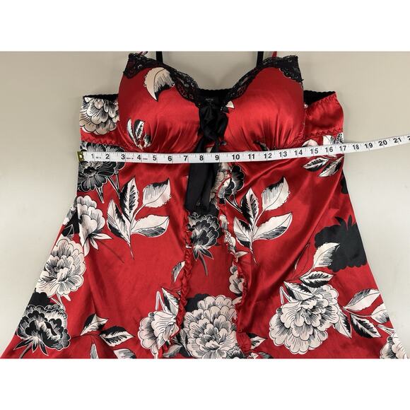 VTG Y2K Red Floral Satin Babydoll Chemise XL Lace Trim Red Boudoir Lingerie - Picture 4 of 11